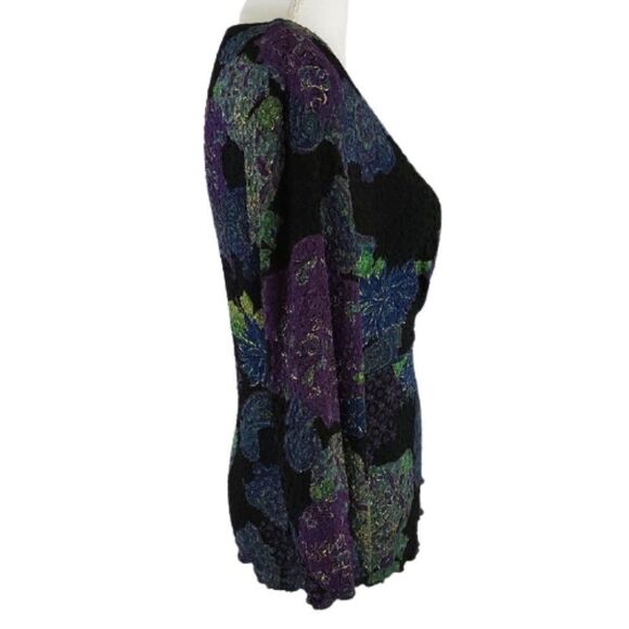 West End Black Blouse Multicolor Floral Scalloped Edges Metallic Size Medium - Picture 3 of 9